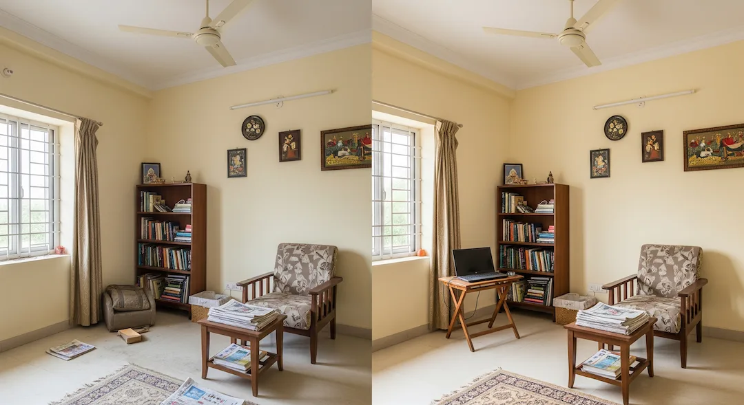Before-and-after style scene revealing a bright, beautiful room after cleaning