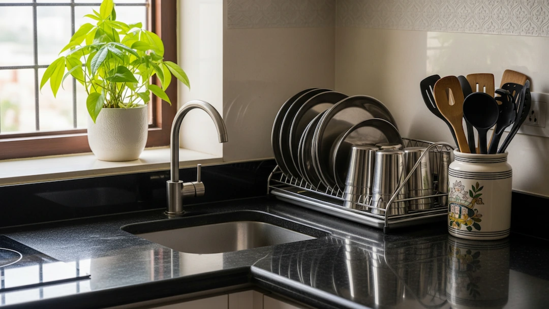 Clean kitchen countertop with clear surfaces and organized utensils