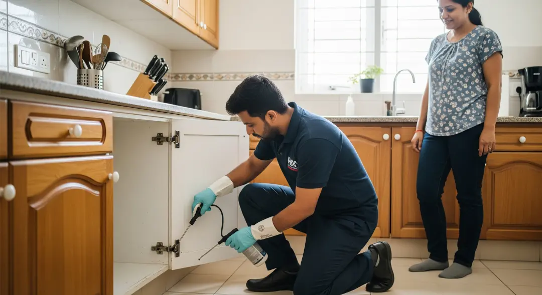 Professional pest control being applied in a tidy Chennai home for better results