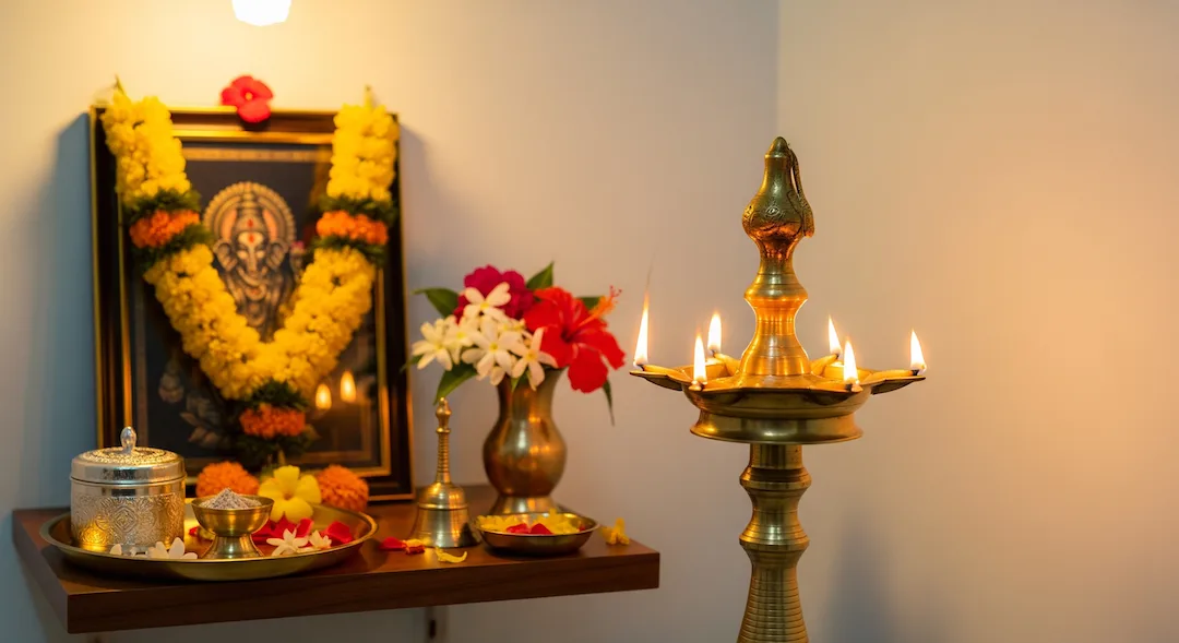 Serene home prayer corner with brass lamp in a spotless room evoking spiritual calm