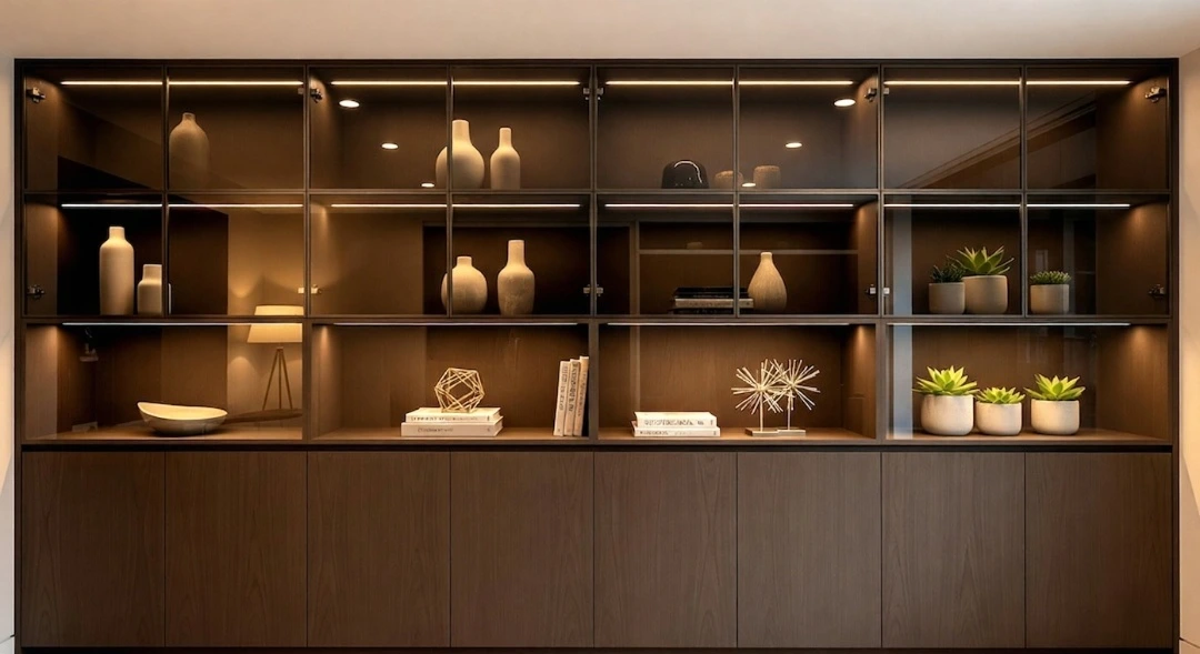 Closed cabinet with glass shutters showcasing dust-free decor items