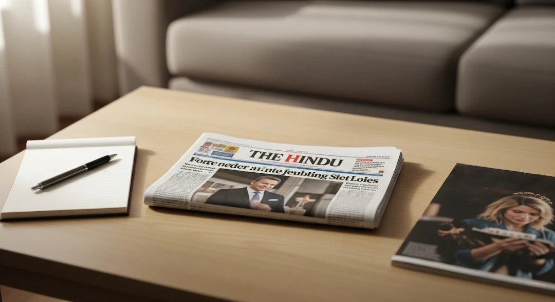 Decluttered center table with only newspaper, writing pad, and one magazine