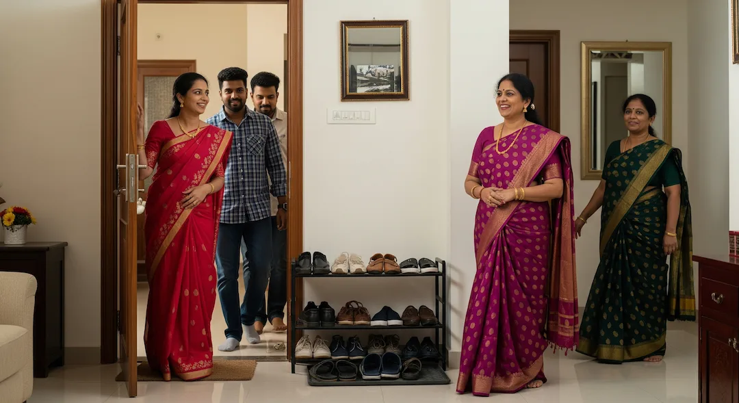 Guests entering an impeccably clean Chennai home that feels welcoming and confident