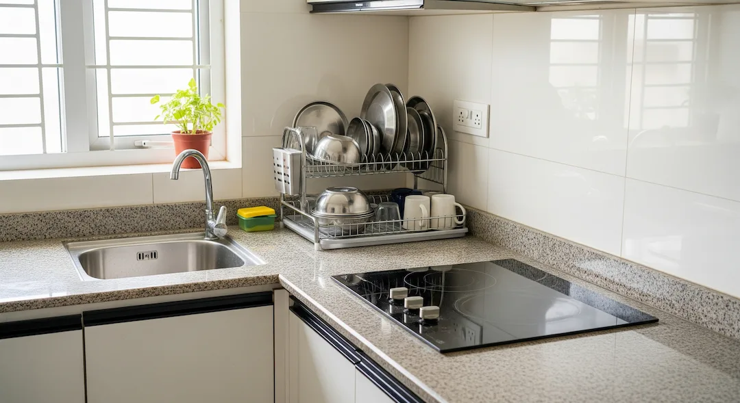 Clean kitchen surfaces and sanitized sink area supporting family health at home