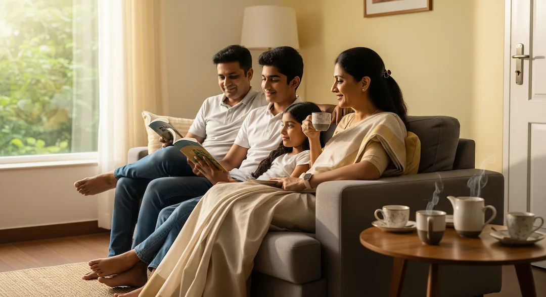 Happy family relaxing together in a clutter-free Chennai living room after cleaning
