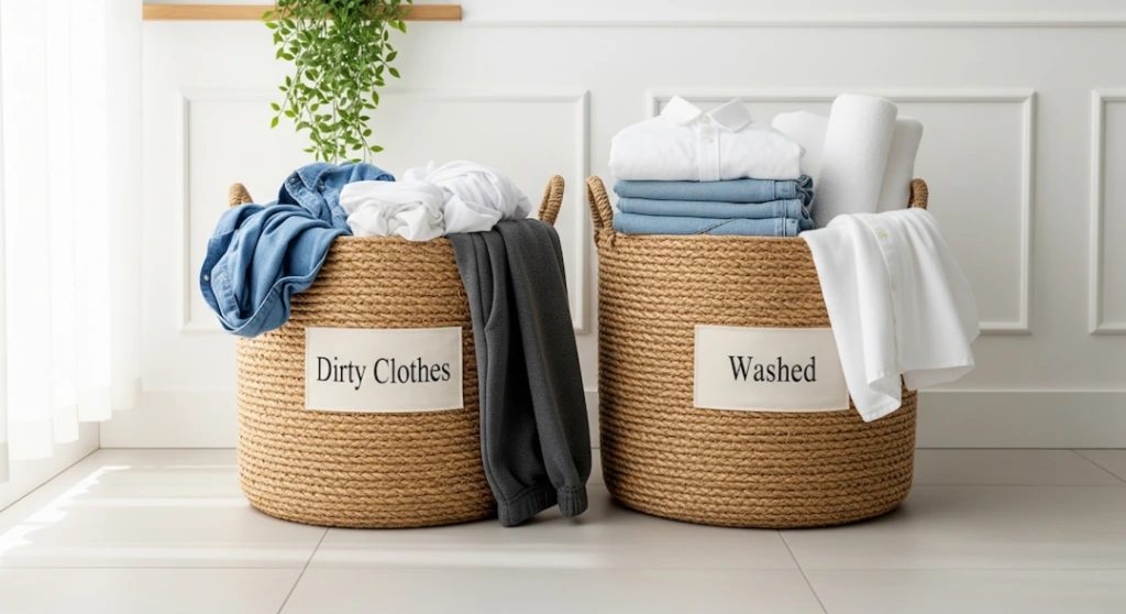Two laundry baskets side by side, one marked dirty clothes and one for washed clothes