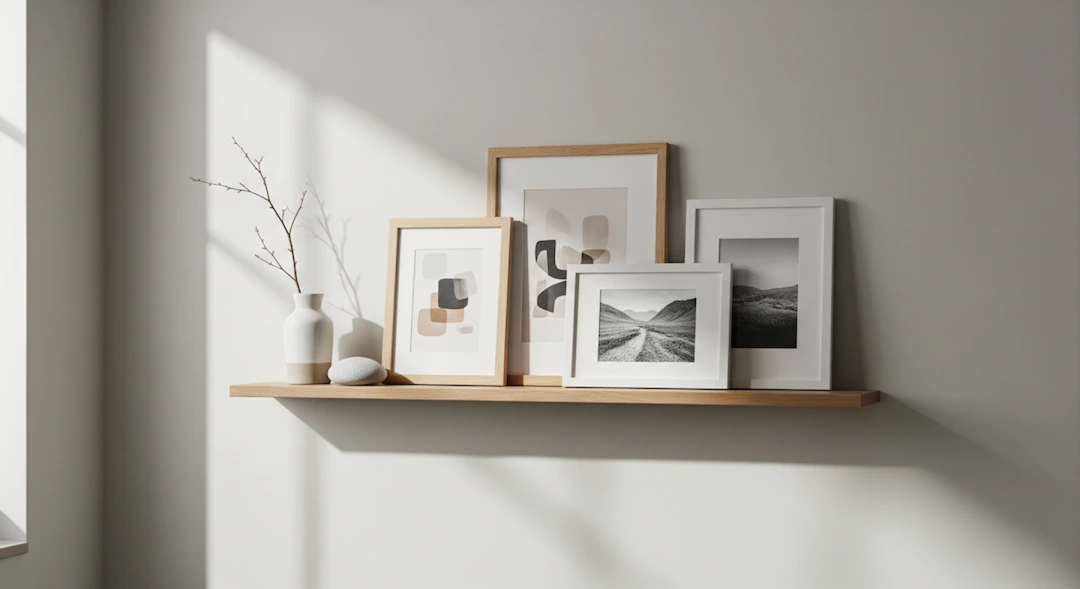 Minimalist living shelf with a few photo frames and easy-to-clean décor