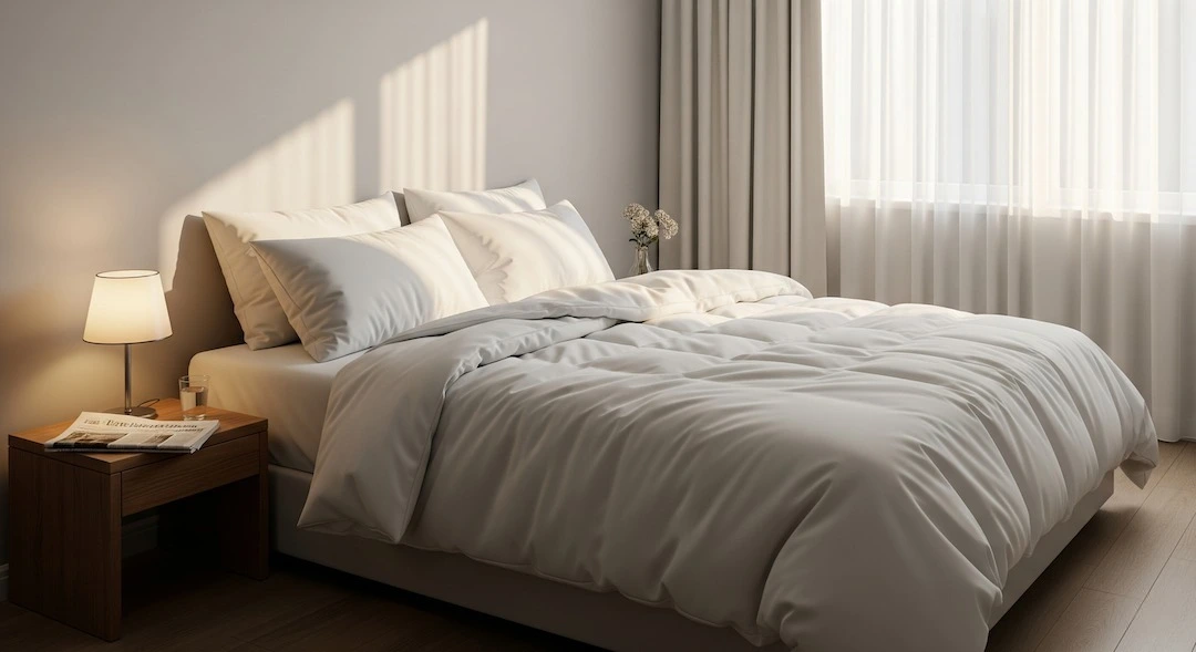 Morning routine: made bed, fresh newspaper placed, utensils arranged before cooking