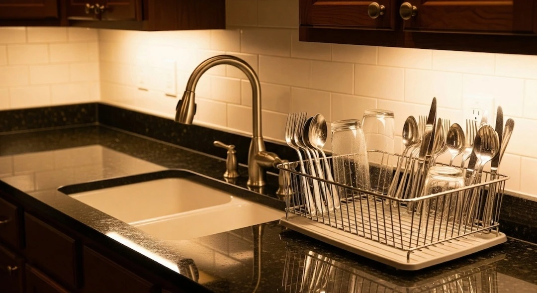 Night routine: clean sink with washed utensils and tidy living room