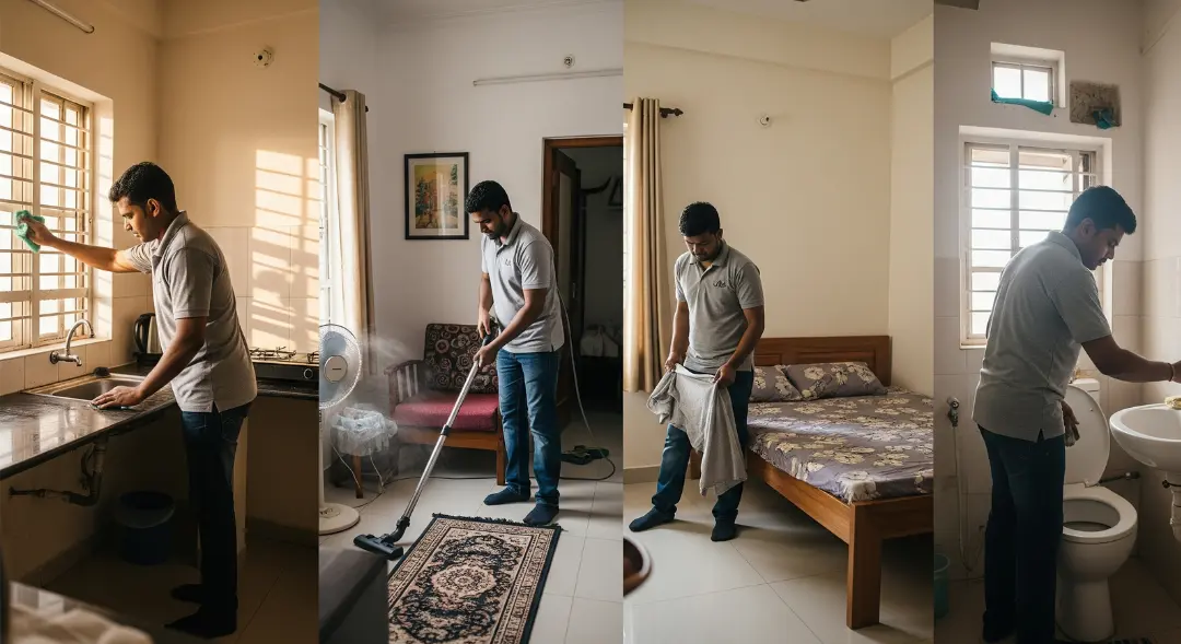 Room-by-room cleaning plan covering kitchen, living area, bedrooms, and toilets in a Chennai home