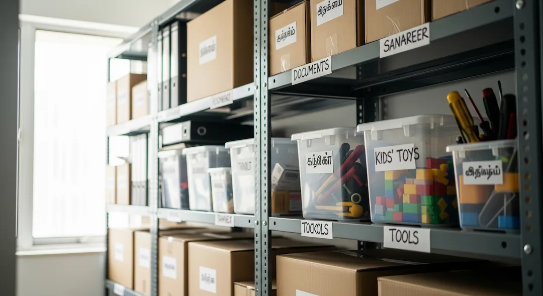 Well-labeled storage and tidy shelves so items are easy to find quickly at home
