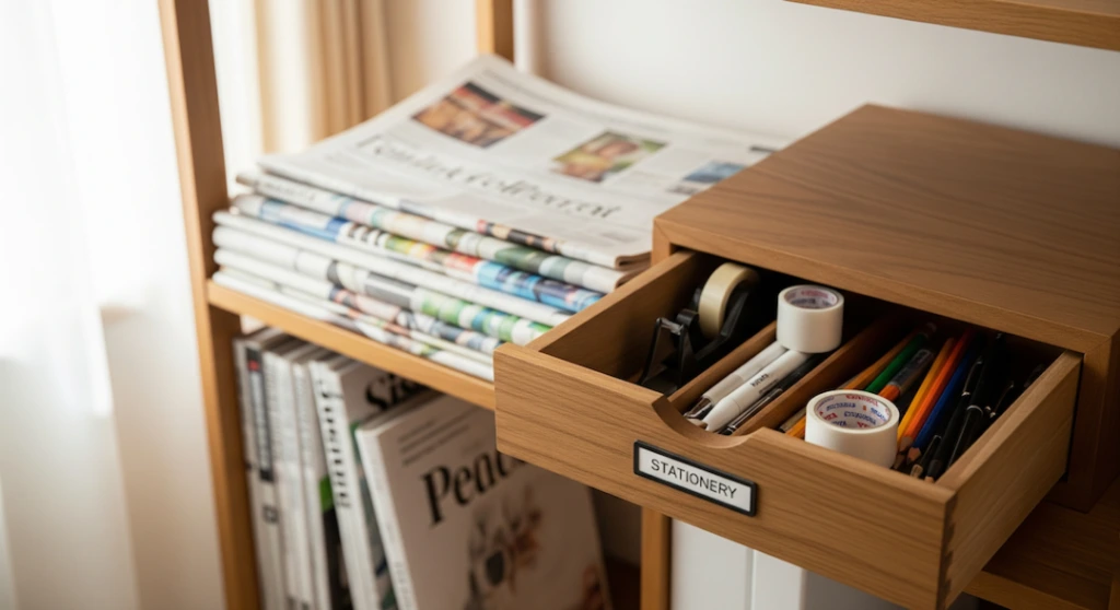 Labeled shelf with newspapers and magazines, small drawer for stationery items