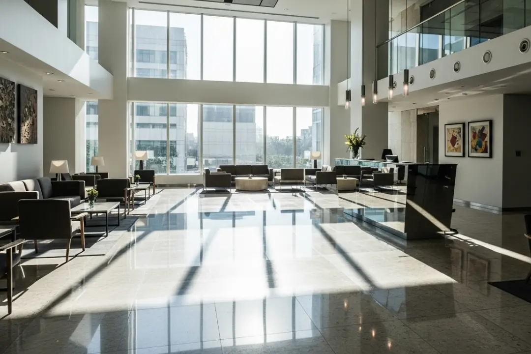 Chennai office lobby with sparkling polished stone floors