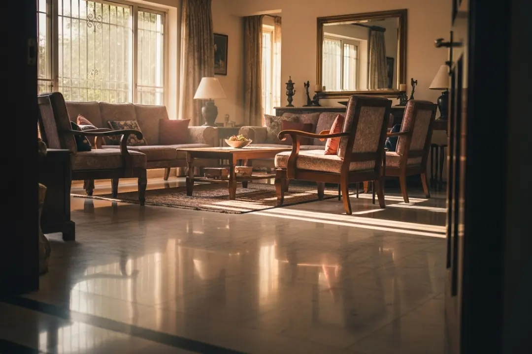 Chennai living room with reflective polished marble floors and sunlight