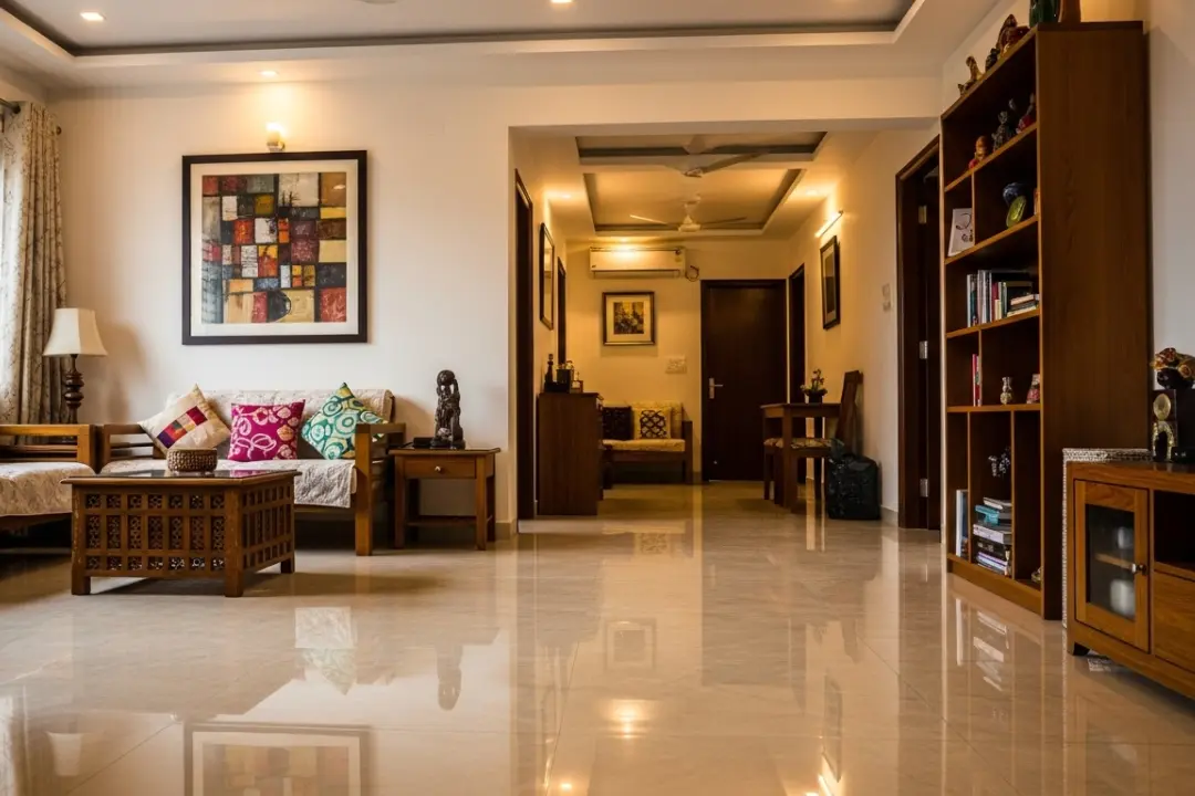 Chennai flat with polished marble floors reflecting ceiling lights