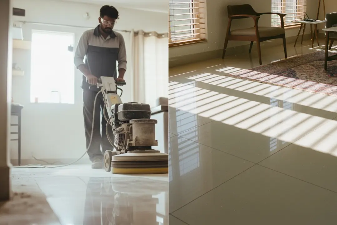 Bright polished living room floor in a Chennai home with natural sunlight