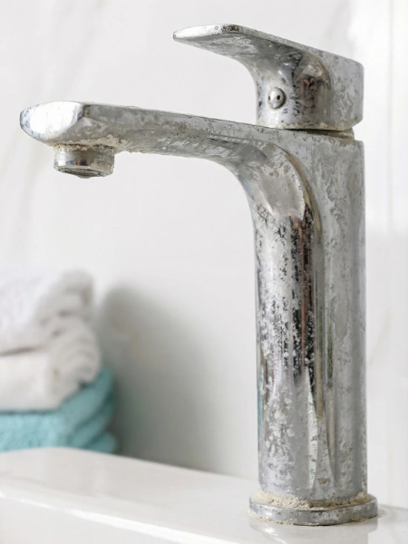 Bathroom tap heavily coated in limescale and hard water mineral deposits before professional deep cleaning in Chennai