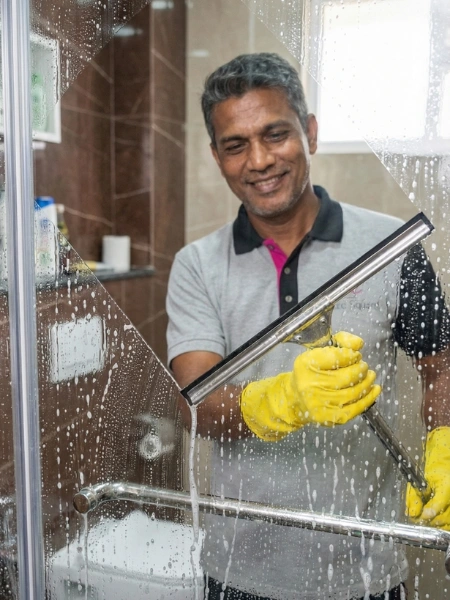Smiling Service Square technician squeegee-cleaning a glass shower enclosure in a bathroom in Chennai