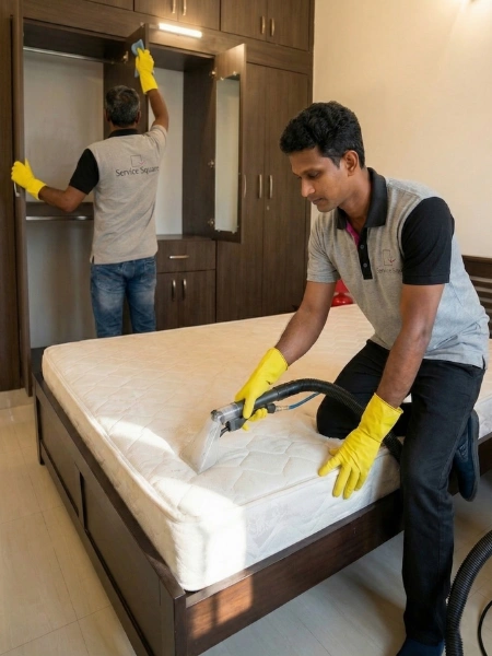 Service Square technicians vacuuming a mattress and sanitising wardrobe interiors during a bedroom deep clean in Chennai
