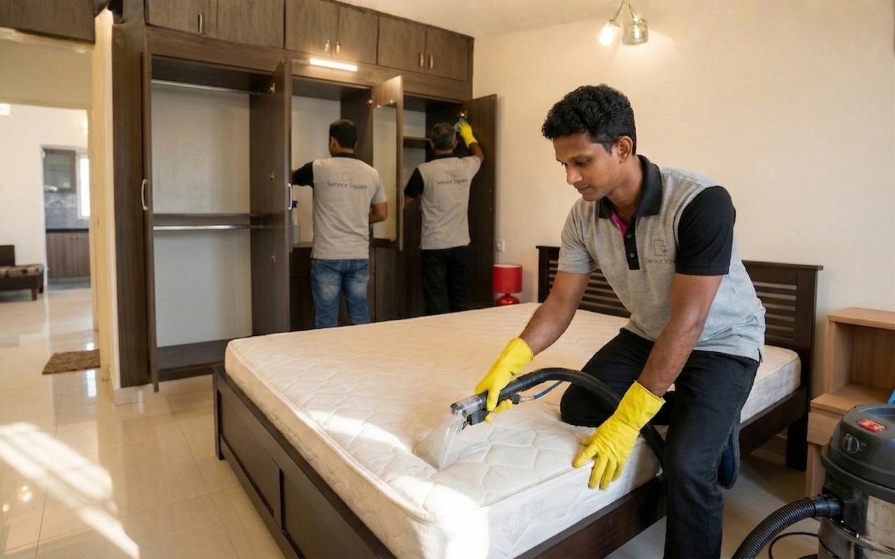 Service Square technicians vacuuming a mattress and cleaning wardrobe interiors in a bedroom in Chennai