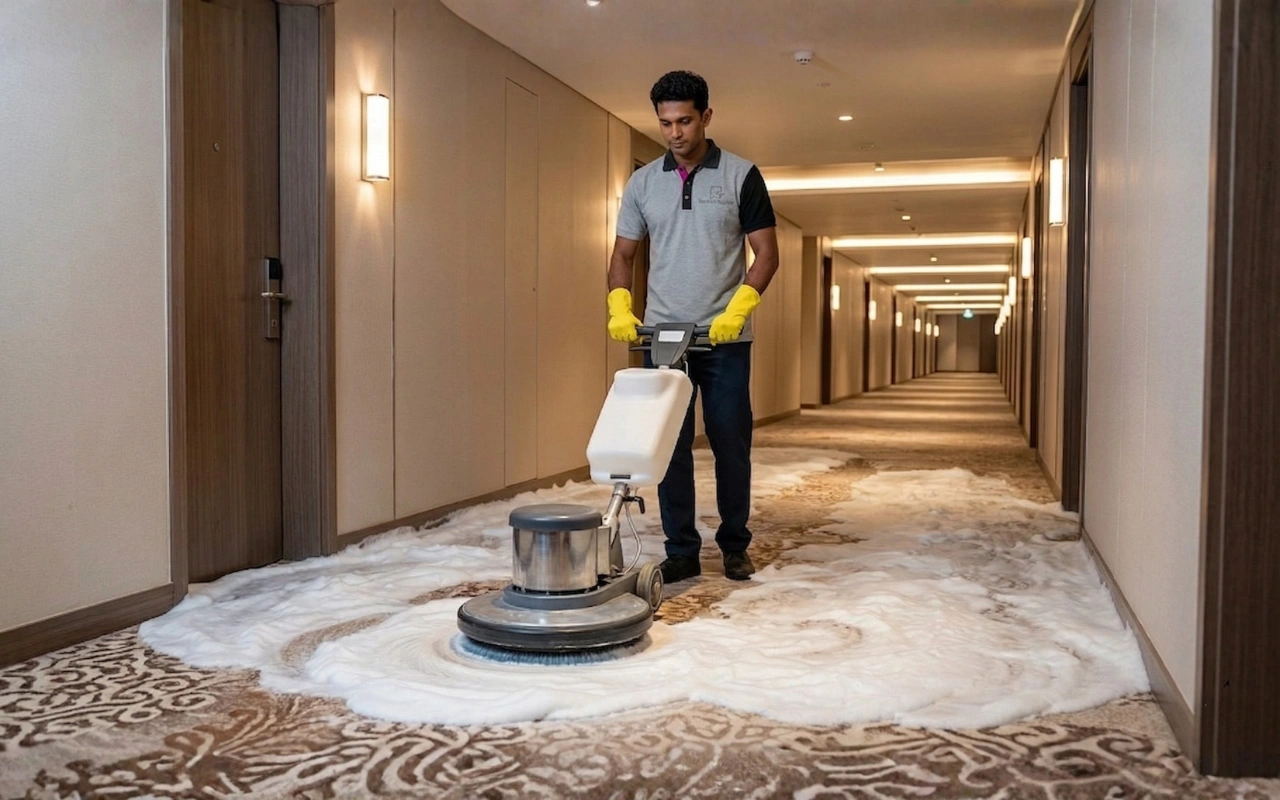 Service Square technician using a rotary scrubber for carpet shampooing in a hotel corridor in Chennai