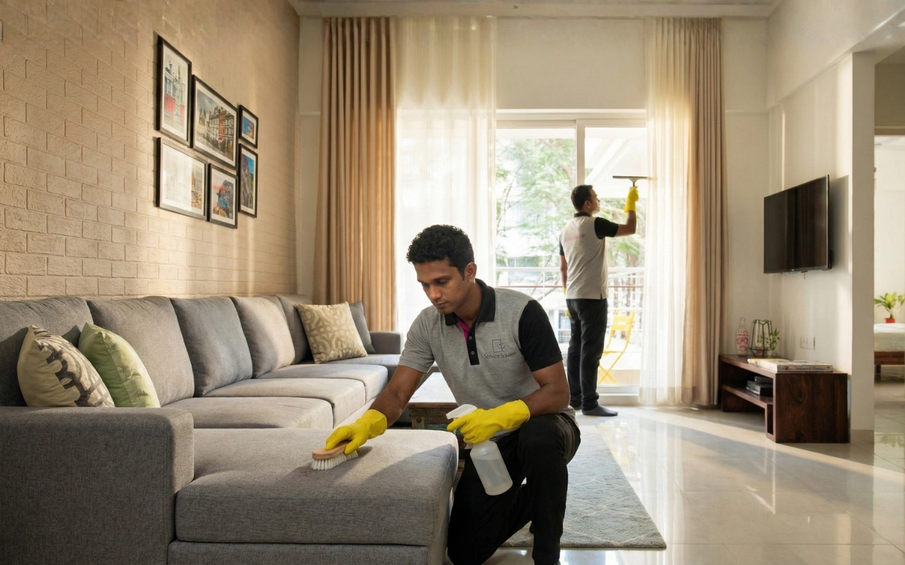 Service Square professionals scrubbing sofa upholstery and cleaning glass windows in a residential living room in Chennai