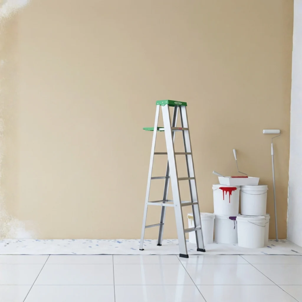 Interior wall painting setup with aluminium ladder, paint buckets and rollers against a freshly painted beige wall in Chennai