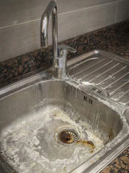 Heavily stained and limescale-covered stainless steel kitchen sink and faucet before professional deep cleaning in Chennai