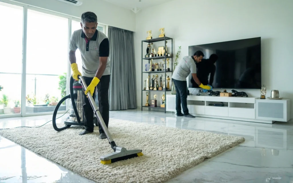 Two Service Square technicians vacuuming a rug and wiping the TV entertainment unit in a living room in Chennai