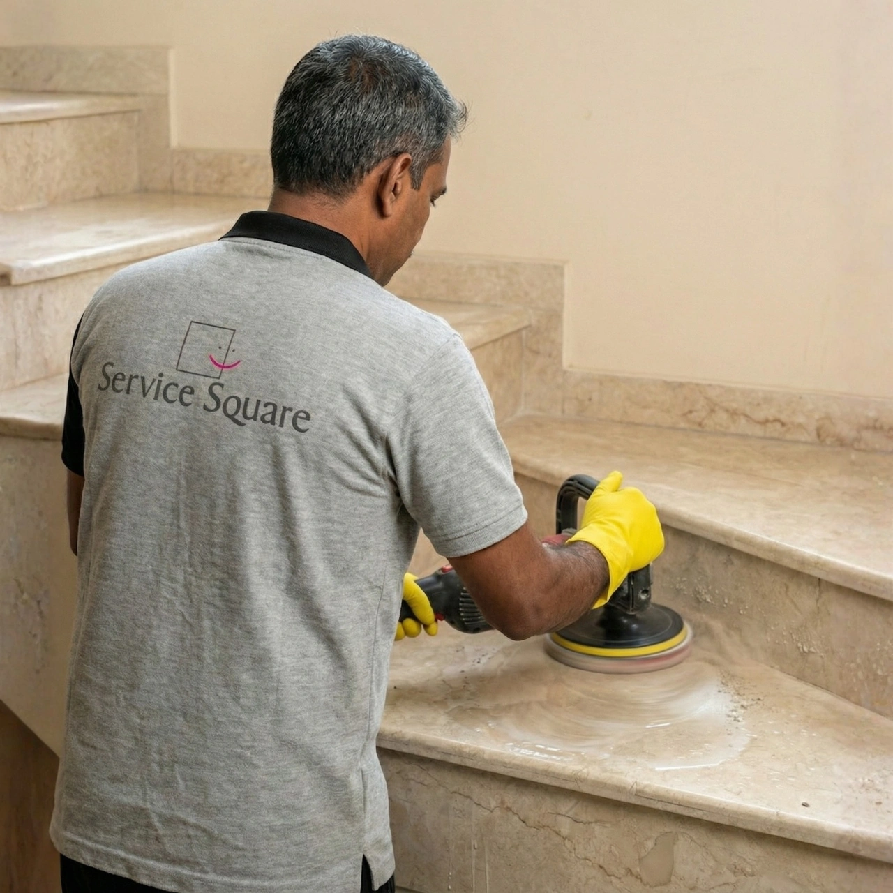 Service Square technician using an orbital polisher to restore and polish marble staircase steps in Chennai