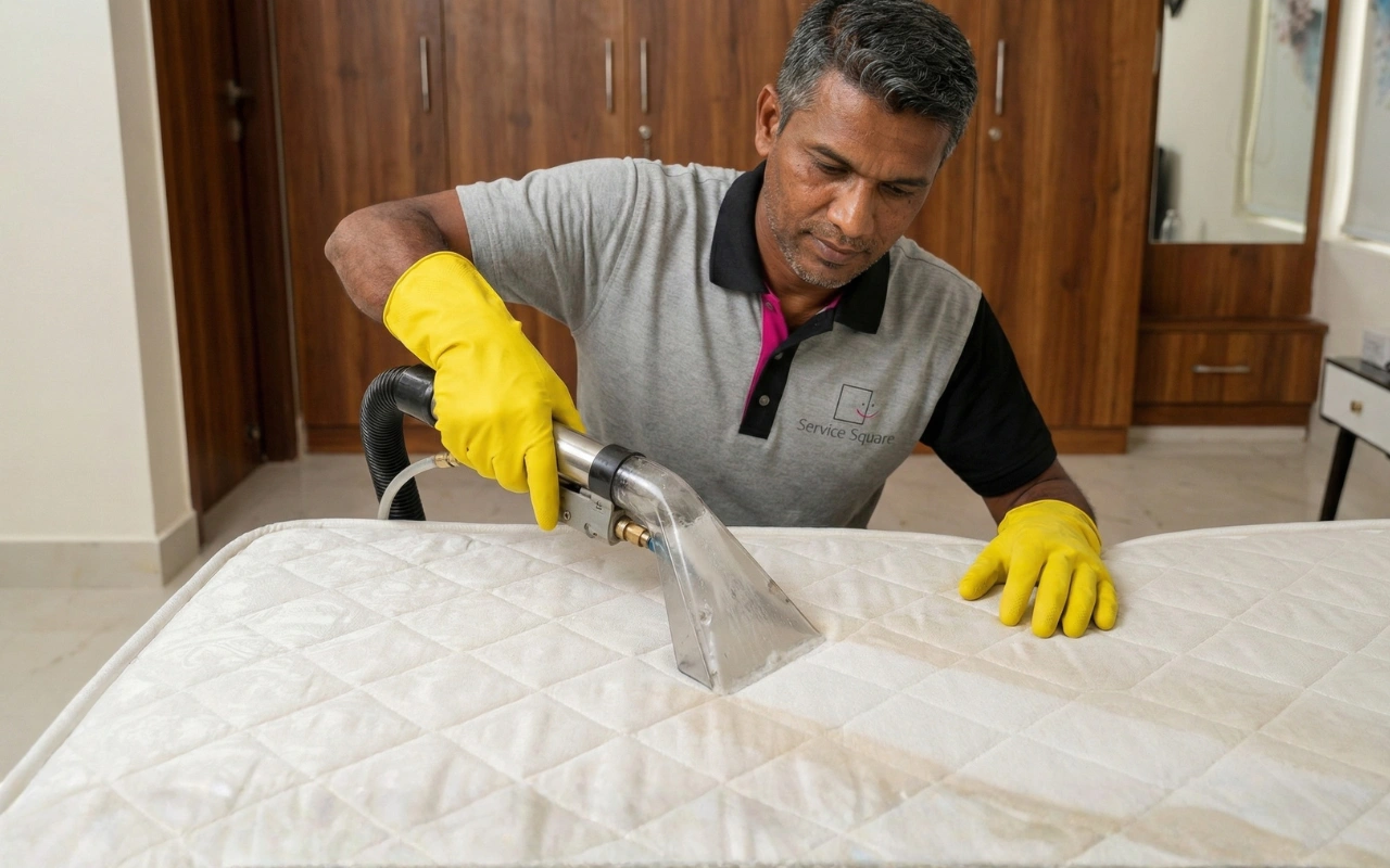 Service Square technician performing hot water extraction deep cleaning on a mattress in a bedroom in Chennai