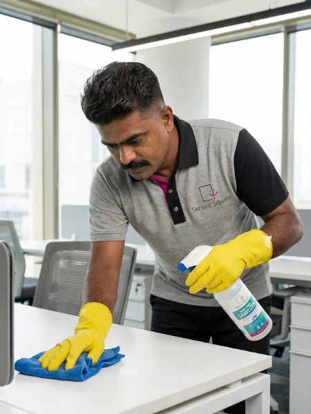 Service Square technician spraying and wiping an office desk workstation surface with a microfibre cloth in Chennai