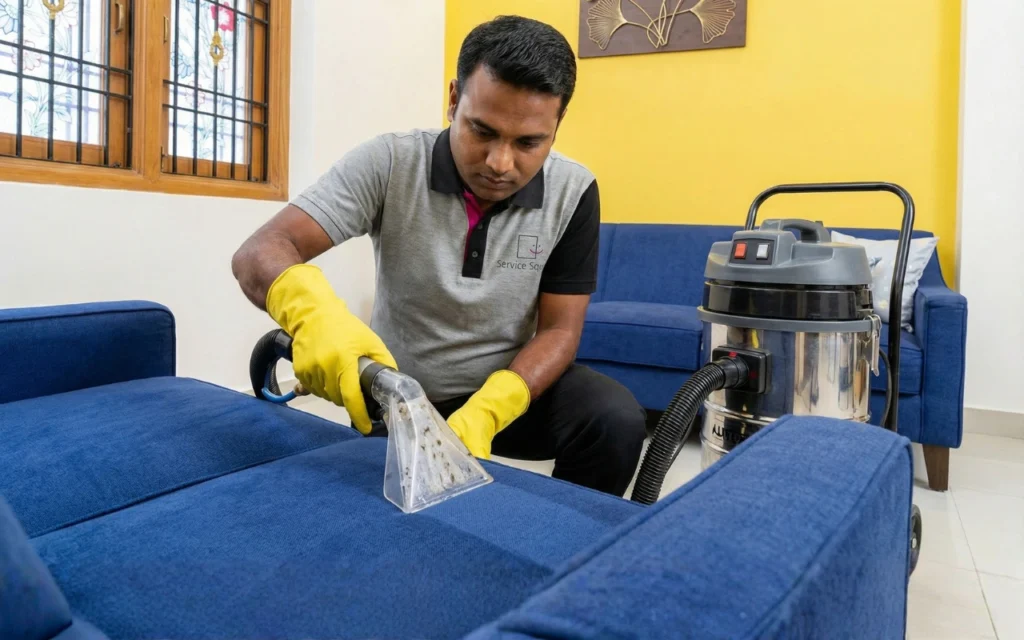 Service Square technician using a hot water extraction machine to deep clean blue fabric sofa upholstery in a Chennai home