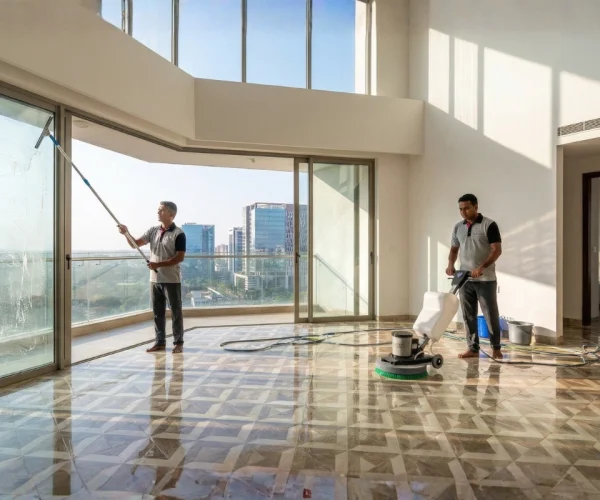 Service Square professionals cleaning marble floors and glass sliding doors in a high-rise apartment in Chennai