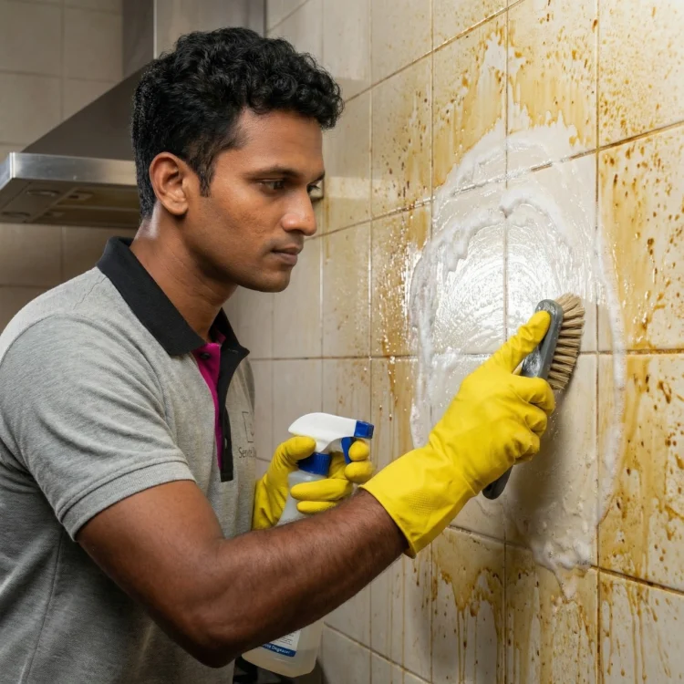 Service Square technician scrubbing heavily stained kitchen wall tiles with a brush and spray solution in Chennai