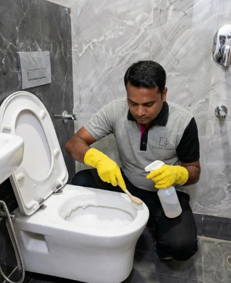 Service Square technician scrubbing a wall-hung toilet bowl with a brush and cleaning spray in a marble bathroom in Chennai